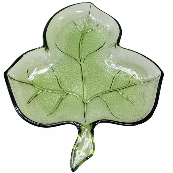 Hazel Atlas Avocado Green Glass Leaf Dish Trinket Jewelry Tray Snack Vintage - Picture 4 of 6
